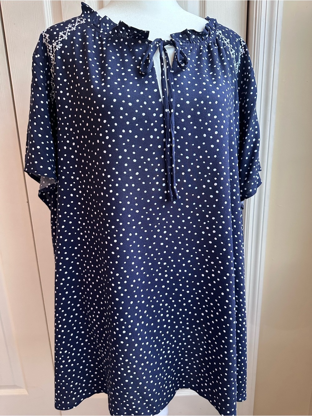 bobeau Navy Blue Polka Dot Tie-Neck Blouse